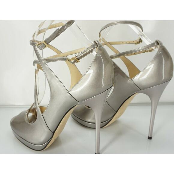 Jimmy Choo Beige Metallic Patent Atlas Strappy Platform Sandals - Picture 10 of 10